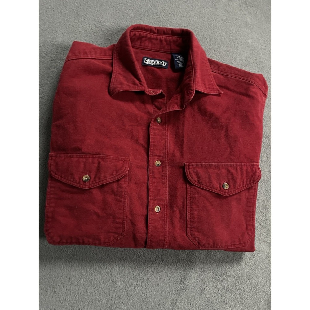 Vtg Lands End Red Chamois Cloth Button Front Flannel Shirt Mens M Hiking Outdoor